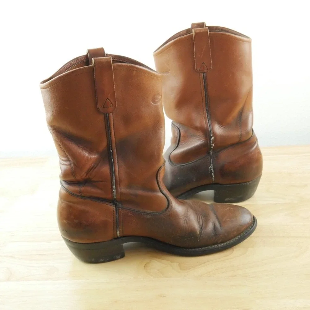 Chippewa Vintage Brown Leather Work Boots Mens 10 B USA Western Roper Pull On